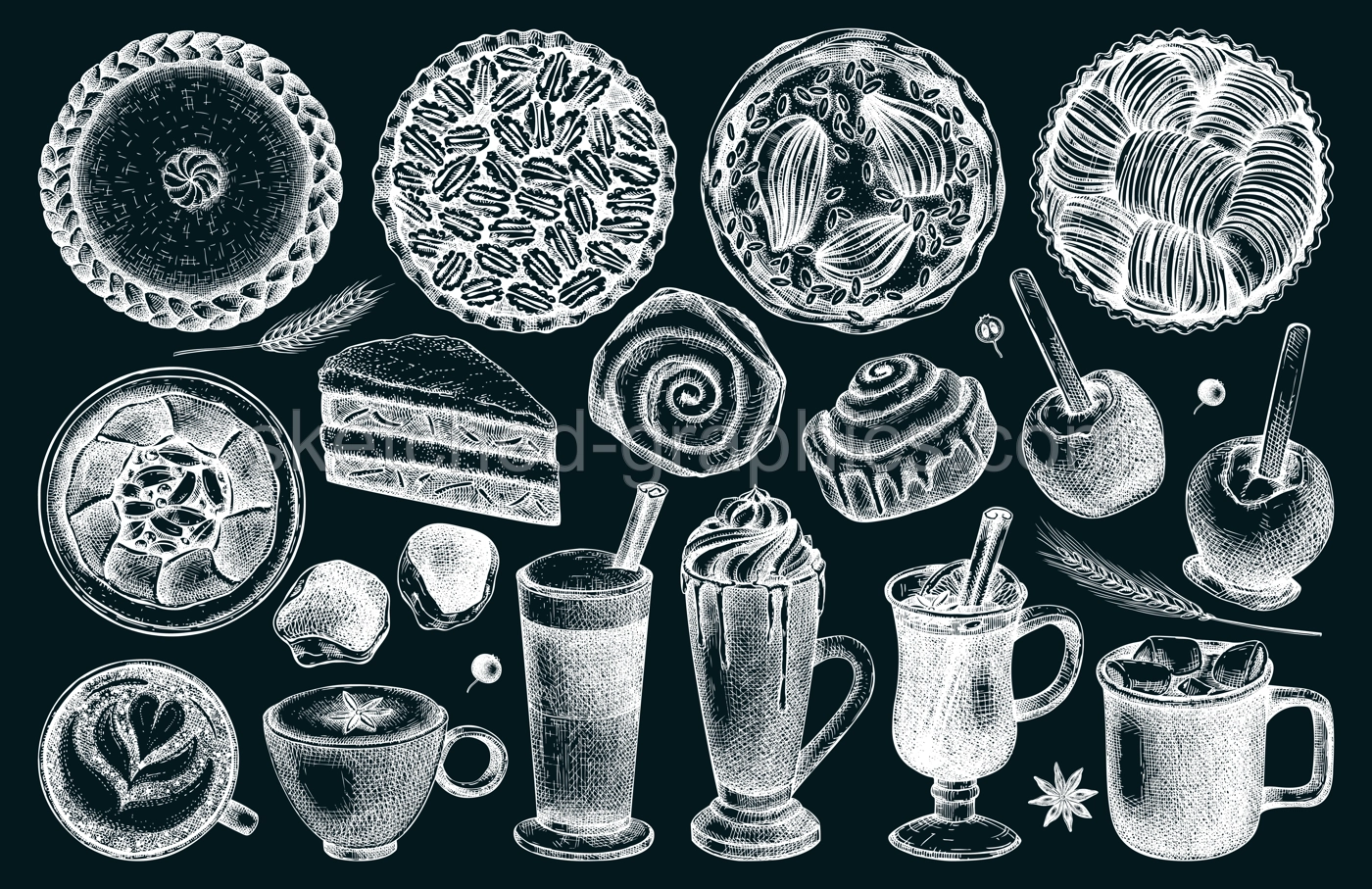 Autumn dessert collection. Thanksgiving dinner illustrations. Fall festival food  and drinks sketches. Sketched fall food drawings. Thanksgiving table hand drawn icons on chalkboard Illustration